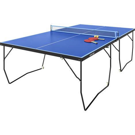 Tavolo da ping-pong pieghevole, 8 ruote, telaio in acciaio verniciato a polvere, superficie di gioco in MDF, 274 x 152,5 x 76 cm, blu (1/5)