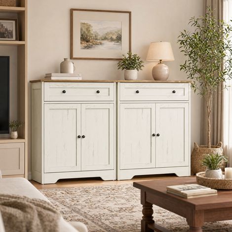 Buffet de Cuisine avec Étagère Réglable, Tiroir, 2 Portes, pour Salle à Manger, Style Maison de Campagne, Blanc (1/5)