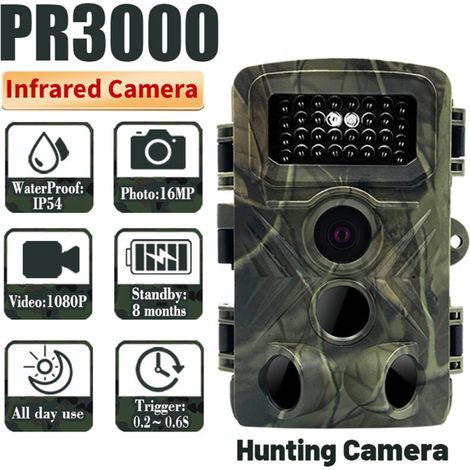 PR3000 Caméra de Chasse 16MP 1080P Vdéo Infrarouge Vision Nocturne, Piège à Caméra de Jardin, Caméra Extérieure (1/5)
