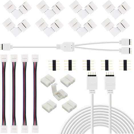 18 Accessoires Bande LED, Connecteur L, Câble Rallonge 2M, Diviseur 4 Broches, Pour Ruban LED RGB