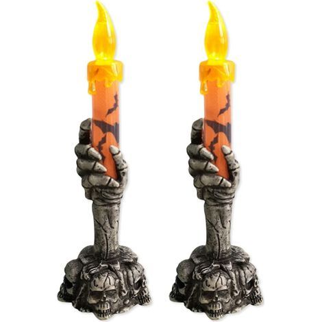 Candelabro con forma de calavera de Halloween, lámpara iluminada de Halloween, mano de esqueleto fantasma, naranja (1/5)