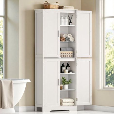 Armoire de salle de bain - 60 x 30 x 170 cm - 4 portes - 6 étagères (2 réglables) - Blanc (1/5)