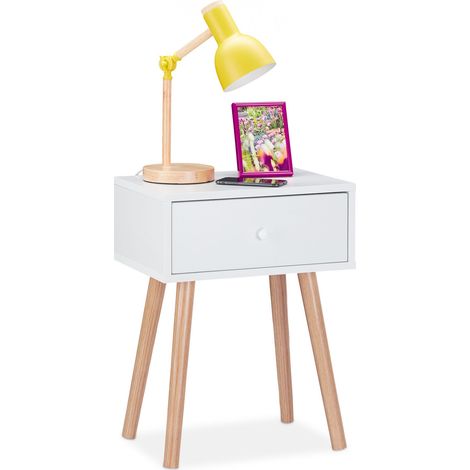 Relaxdays Nachttisch skandinavisch, Retro, Nachtschrank mit Schublade, HBT: 55x42x30cm, Beistelltisch Schlafzimmer, weiß (1/5)