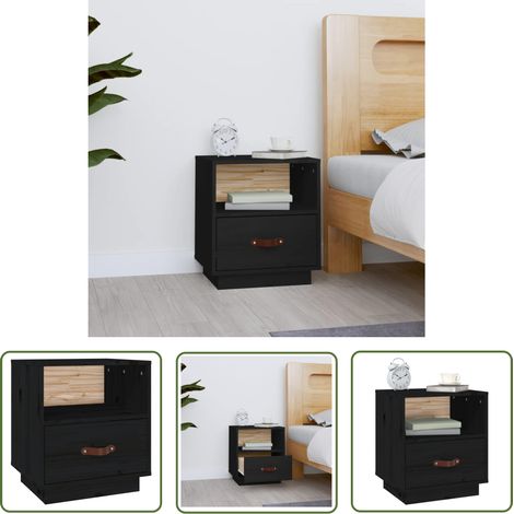 The Living Store Table de chevet Noir 40x34x45 cm Bois de pin massif - Table De Chevet - Meuble De Chambre - Table Nuit - Bois Massif - Pin (1/5)