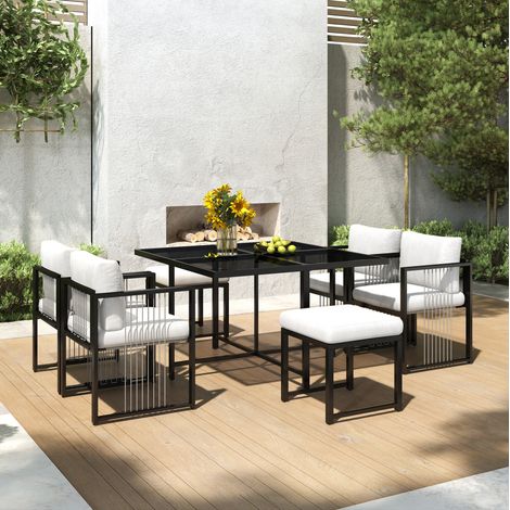 Conjunto de comedor de exterior de metal y vidrio templado negro con cojines blanco y negro, mesa 117x117 cm, 6 plazas (1/5)