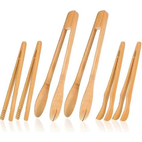 Ensemble de 6 ustensiles de cuisine en bambou, comprenant une pince à griller en bois, une pince à salade à long manche, et pouvant également servir à saisir du fromage et du bacon. (1/5)