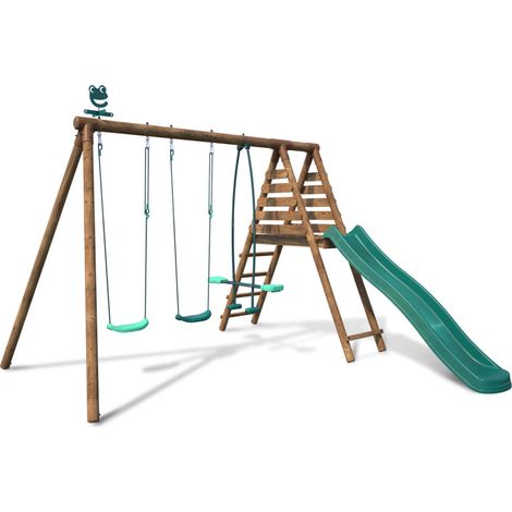 Portique en bois rond 3 agrès avec face à face et toboggan VIOLETTE