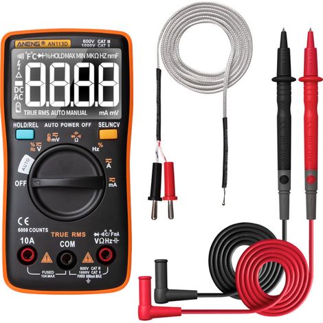 Multímetro AN113D de 6000 cuentas True RMS con pantalla LCD para medición de temperatura (CC/CA)