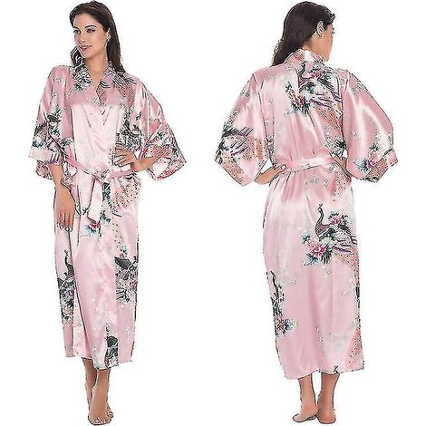 Damen-Kimono aus Satin mit Blumenmuster, Hochzeitsmorgenmantel, Nachtwäsche – XL – Rosa
