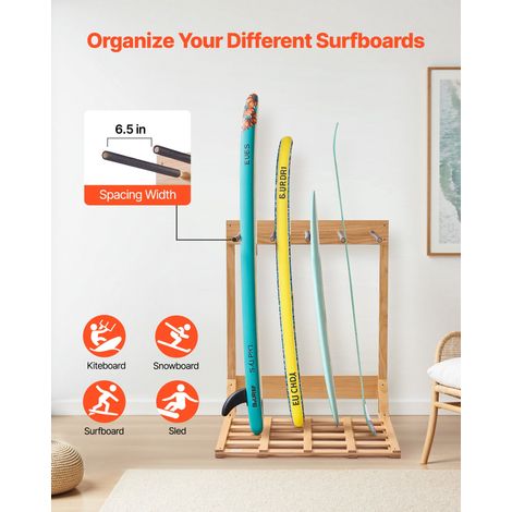 Support vertical pour planches de surf, support en bois à 4 niveaux pour rangement et exposition, organiseur de planches autonome p… (1/5)