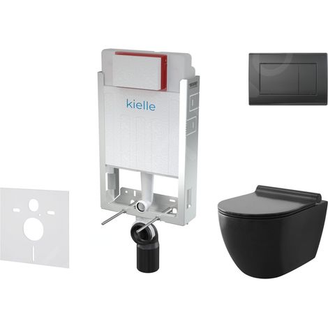 kielle Genesis - Set de bâti-support, cuvette Gaia, abattant softclose et plaque de déclenchement Gemini III, noir mat 30505SZ12