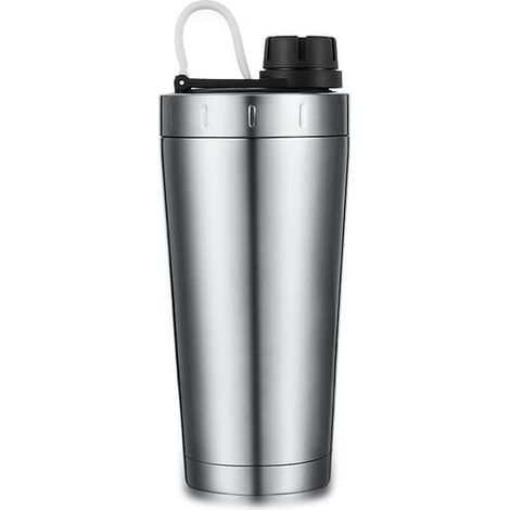 Bouteille isotherme en acier inoxydable argentée, conservant les protéines chaudes et froides. (1/5)