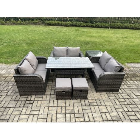 Fimous 8 Seater Outdoor Rattan Garden Furniture Set with Patio Rectangular Dining Table Love Sofa Side Table 2 Small Footstools Dark Grey Mixed