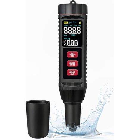 Salzgehalts pH Messgerät Wasserqualitätsprüfer Poolpflege 7 in 1 Messung pH Wert 0,00 14,00 Grau (1/5)