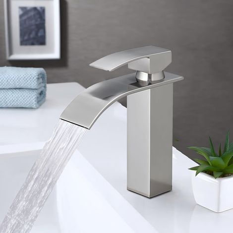 Robinet de salle de bain en cascade, robinet d'évier à une poignée bouche chaude et froide, silencieux robinet de salle de bain en laiton en acier inoxydable (brossé) (1/5)