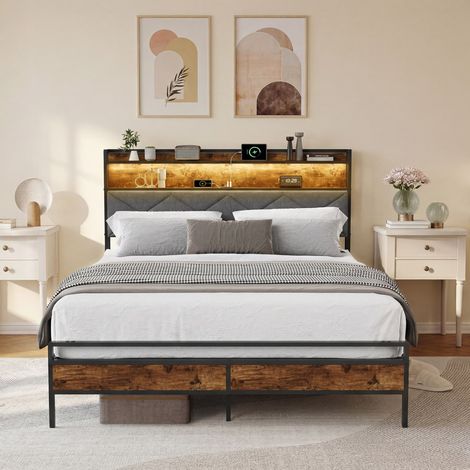 Lit en métal 140x200cm,Lit rembourré,tête de lit rembourrée avec rangement,lit double avec LED et USB,Structure en Métal, sommier métal, tissu en lin,Marron (1/5)