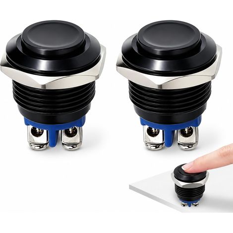 2 PCS Bouton Poussoir Momentané 16mm en Métal Noir, Interrupteur Poussoir 1NO SPST 3A 12-250V, Bouton Poussoir 12V Rond Étanche pour Voiture, Industrie, DIY, Montage 5/8" Durable Haute Longévité (1/5)