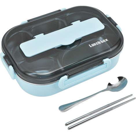 1,3-Liter-Thermo-Lunchbox aus Edelstahl mit 5 Fächern, inklusive Essstäbchen und Löffel, ideal für Schule und Picknick, Blau (1/5)
