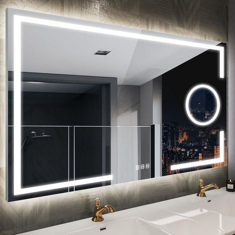 120x70cm Miroir-LED-Salle-de-Bain-avec-Éclairage et Loupe 5X, Miroir-Mural avec Anti-buée, Dimmable, 3 Couleurs Lumière, Mémoire, Verre Trempé, Cadre Métal (1/5)