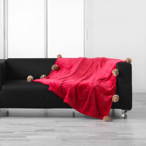 Plaid pompons 125 x 150 cm Snowy rouge (1/3)