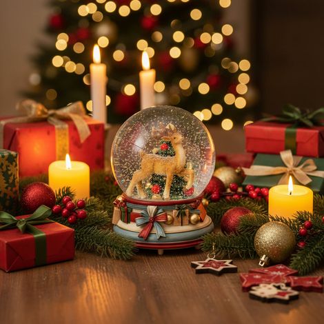 Sfera di vetro con acqua e musica per decorazione natalizia -Con renna (1/4)