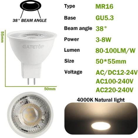 Lampes de croissance pour plantes (38 degrés 4000K, AC/DC 12-24V, 6W) 10 ampoules LED MR16 pour spots GU5.3 (1/5)
