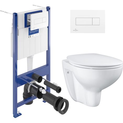 Pack WC bâti-support Villeroy & Boch + Cuvette Grohe Bau sans bride + Abattant softclose + Plaque blanche (ViConnectBau-2)