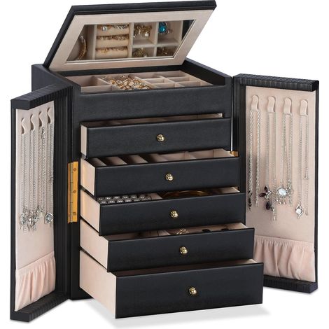 Boite a Bijoux, Coffre à Bijoux avec 5 Tiroirs, 6 Niveaux Boite a Bijoux avec Double Ouverture, Boîte à Bijoux pour Coiffeuse, Cuir Grain Vertical, Idée Cadeau pour Femme, Fille (Noir) (1/5)