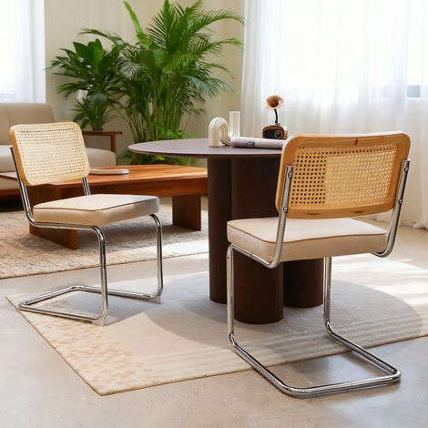 Silla de comedor de cromo y ratán beige, asiento de terciopelo, apilable, diseño moderno (1/5)