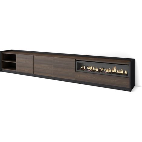 Skraut Home - Mueble TV, Televisión, 310x37x50cm, Para TV hasta 80", Chimenea eléctrica, Roble oscuro y Negro (1/5)