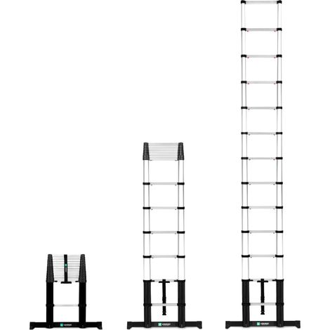 VONROC PRO Escalera telescópica  - 3,80 m - cumple las normas de seguridad de la UE - cierre suave - con separadores de pared integrados y barra estabilizadora para un agarre firme y seguro