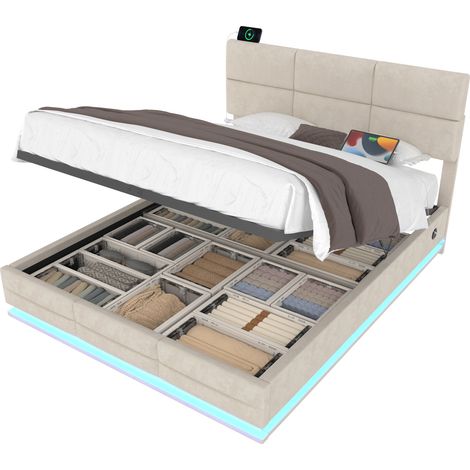 Lit coffre 160x200 cm en velours beige, tête de lit réglable 3 niveaux, LED dimmable, USB/Type-C, relevage hydraulique, grand rangement, sans matelas  CHICFURN (1/5)