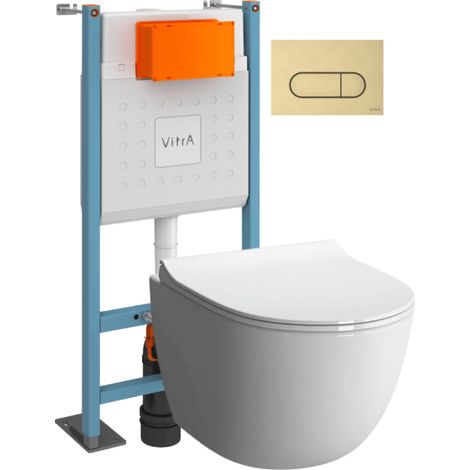 Conjunto de inodoro suspendido VitrA Sento en blanco brillante + marco autoportante V-Fix Core + placa de descarga redonda en oro cepillado (1/5)