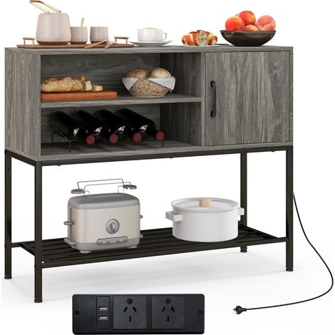 Tavolo consolle in legno con struttura metallica per sala da pranzo, Credenza buffet con portabottiglie e mensole Grigio (1/4)
