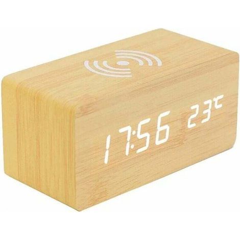 Digitaler Thermometer-Wecker, Digitaler Holzwecker, LED-Digitalwecker aus Holz mit kabelloser Ladefunktion, Wecker aus Holz mit Induktionsladegerät, Kabelloses Ladegerät für Schlafzimmer/Büro (1/4)