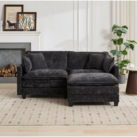 Canapé modulaire Cloud en tissu chenille noir avec coussin double épaisseur (1/5)