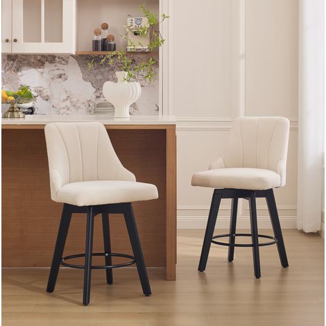 Lote de 2 taburetes de bar giratorios de chenilla con respaldo y reposapiés, estilo escandinavo Japandi, beige (1/5)