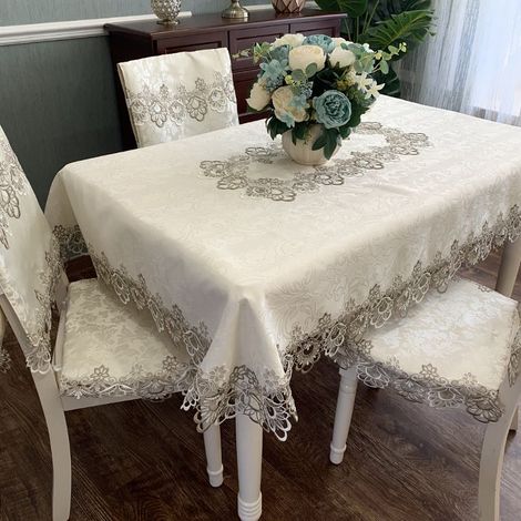 Tischdecke aus floral bestickter Spitze, knitter- und fleckenabweisend, ideal für Küche und Esstisch – Ombre Grau (1/5)