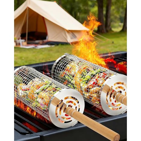 Panier Barbecue 2 Pièces, Acier Inox 304 Rotatif pour Viande et Légumes Paniers Grill avec Poignée Bois Amovible, 30x10cm et 29x9cm, Compatible Lave-Vaisselle (1/5)