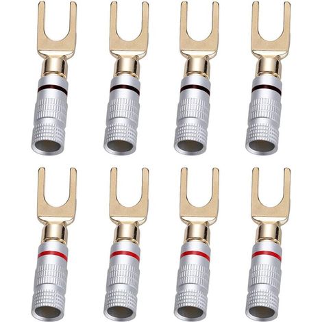 8 Pièces 24K or Y Plug U fourche fiche banane 45 degrés vis pelle connecteur pour haut-parleur fil bricolage, résistant à la corrosion, 4 noir et 4 rouge