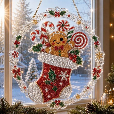 Nouvelle peinture diamant de Noël - Attrape-soleil - Bonhomme en pain d'épice - chaussette de Noël - 20 cm