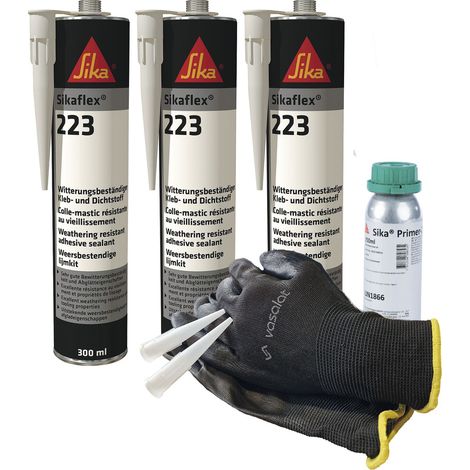 Sikaflex 223 schwarz 3x 300ml Kleb- und Dichtstoff mit Primer 209D - zur Abdichtung von Aluminium und Stahl mit 5 Düsenspitzen