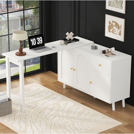 Schreibtisch 120x40x74.5 cm weiß aus Spanplatte mit 360° Drehfunktion und Sideboard (1/5)
