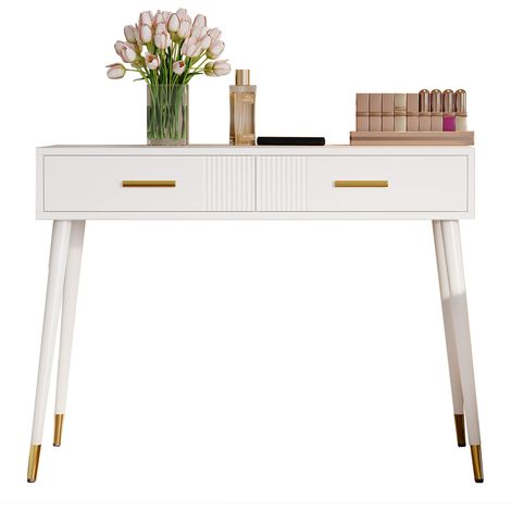 Coiffeuse / bureau avec 2 tiroirs et pieds en métal, blanc, 100×40×76 cm (sans miroir)