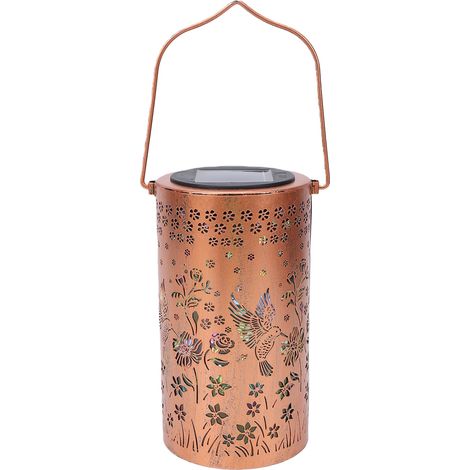 Lanterne solaire d'extérieur en métal creux, suspendue, motif colibri et fleurs, lueur colorée, résistante à la pluie, pour jardin, terrasse, allée, mur, décoration romantique (1/5)
