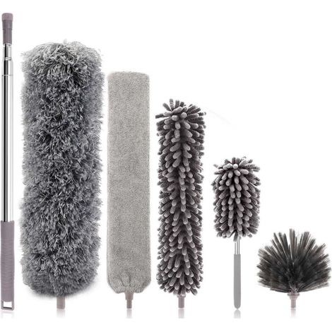 6 Pièces Plumeau Telescopique, Tete de Loup Longueur 25-252cm, Plumeau Lavable Microfibre, Balai Toile d'Araignée, Différentes Plumeau Poussiere Telescopique pour Plafonds, Meubles, Stores-DOU