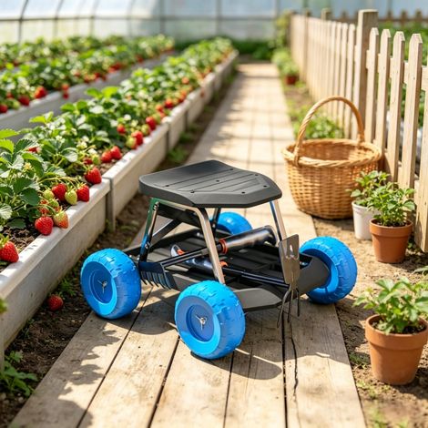 Taburete de jardín móvil con ruedas y espacio de almacenamiento, asiento rodante práctico, taburete de taller transportable (solo incluye 1 taburete de jardín). (1/5)