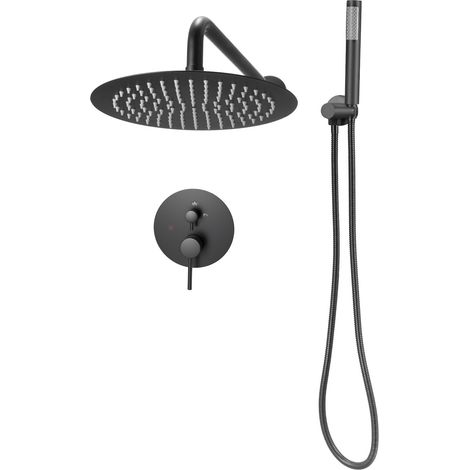 Mophorn Ensemble de robinetterie de douche encastrable, système de douche avec pommeau rond de 20,3 cm, douchette à main et kit de garniture, montage mural, finition noir mat pour salle de bain (1/5)
