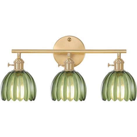 Applique murale 3 lumières en laiton pour miroir avec abat-jour tulipe vert, pour chambre et salon, ampoules non incluses (1/5)