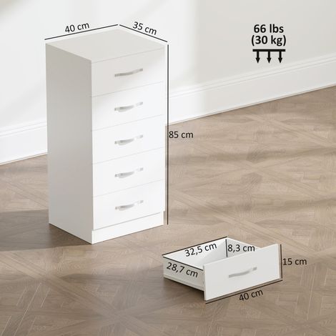 Commode cinq tiroirs rangement vêtements et accessoires panneau particules blanc (1/4)